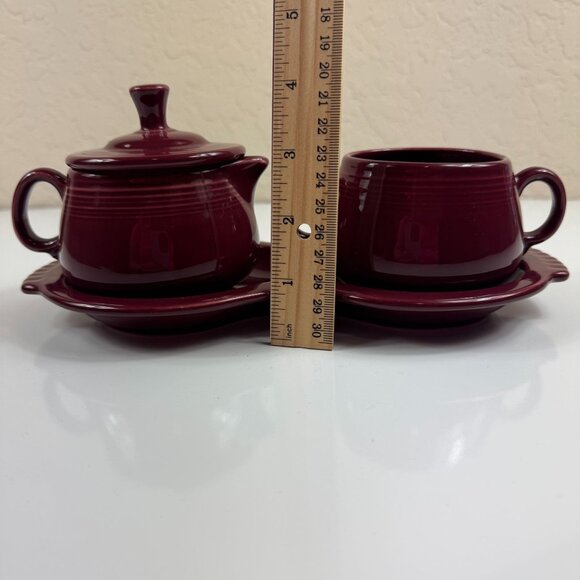 Fiesta Ware 4 Piece Sugar Bowl Creamer Set w/Tray Cinnabar Retired Serveware - Picture 12 of 13